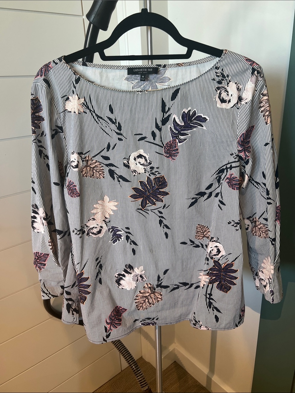 Lafayette 148 New York Navy and White Striped Floral Long Sleeve Top
